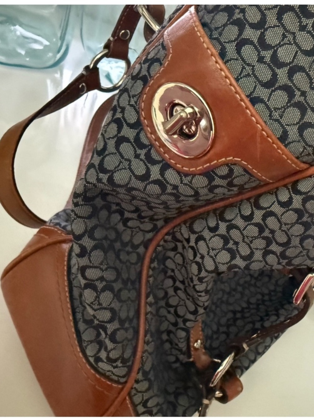 Coach Navy mini Cc Canvas Shoulder Tote with British Tan Leather Trim - Picture 6 of 6